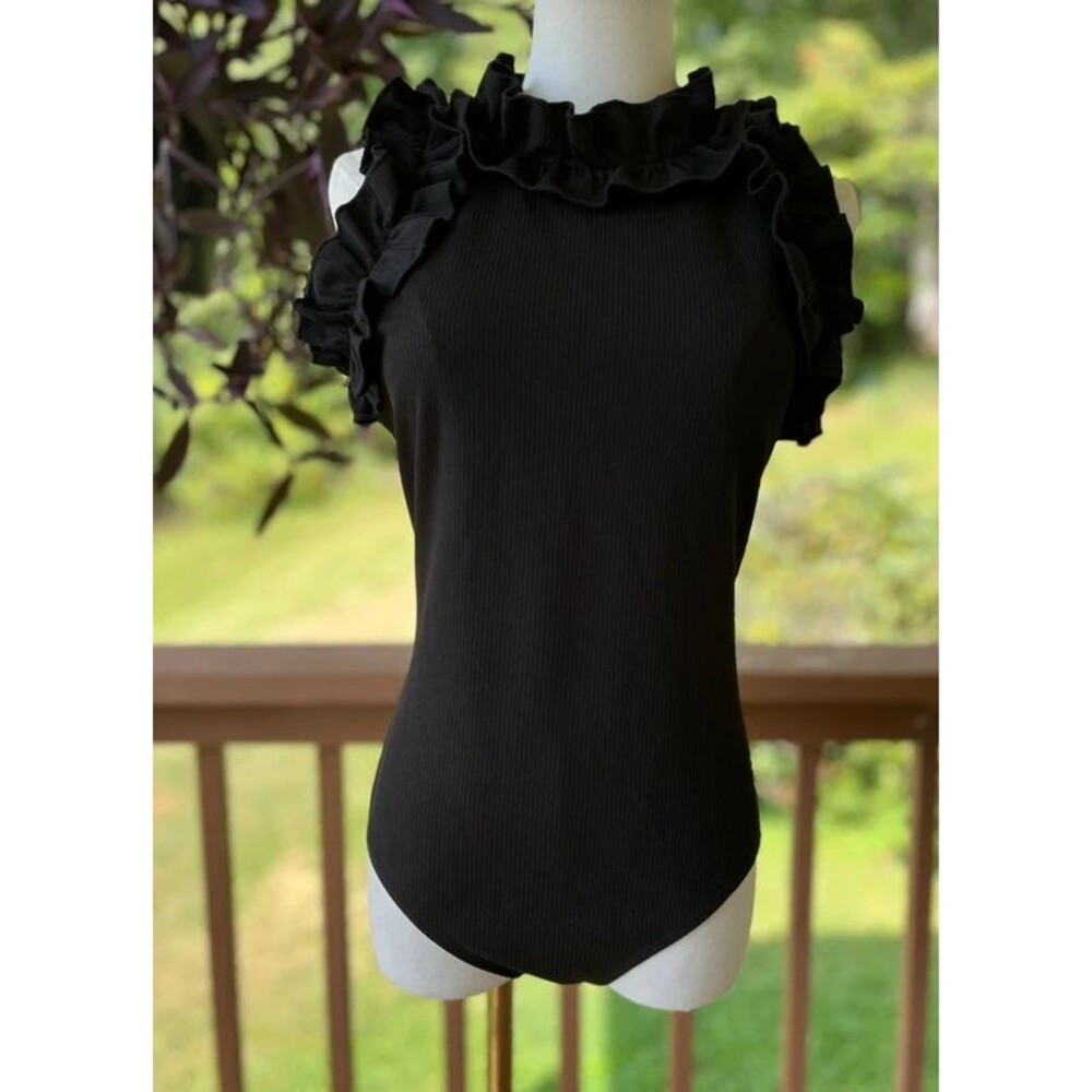 TCEC Black Ribbed Ruffle Bodysuit Large Romantic Goth - Picture 2 of 10